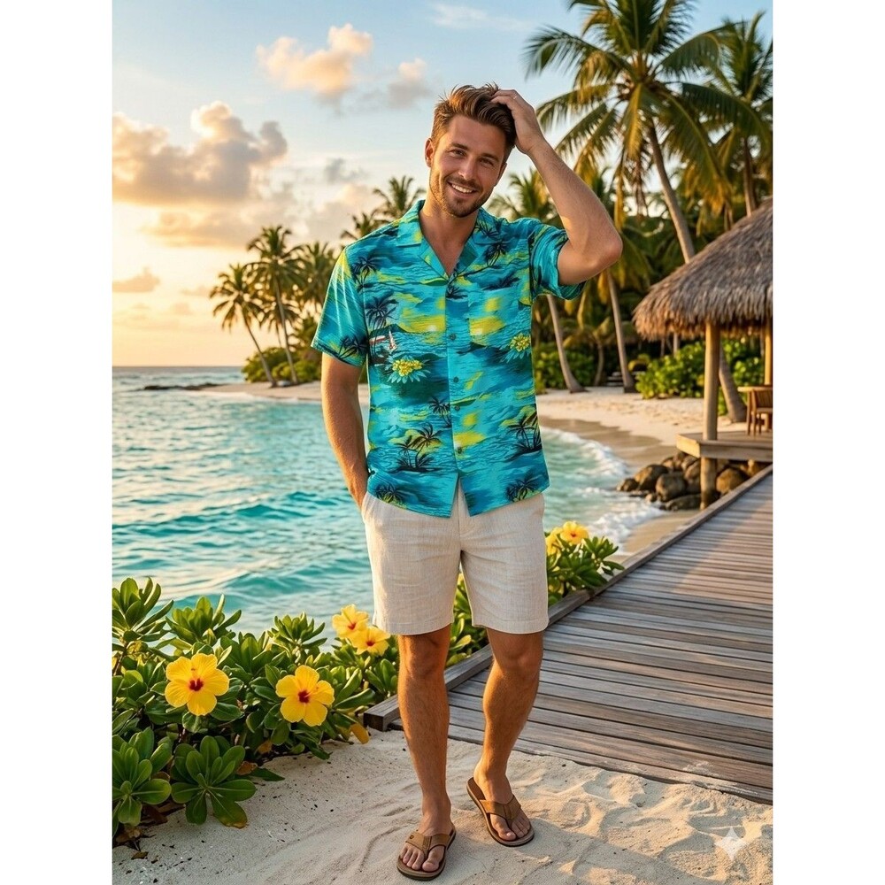 Tropical Green Hawaiian Shirt Men’s XL Aloha Beach Island Resort Palms Ocean